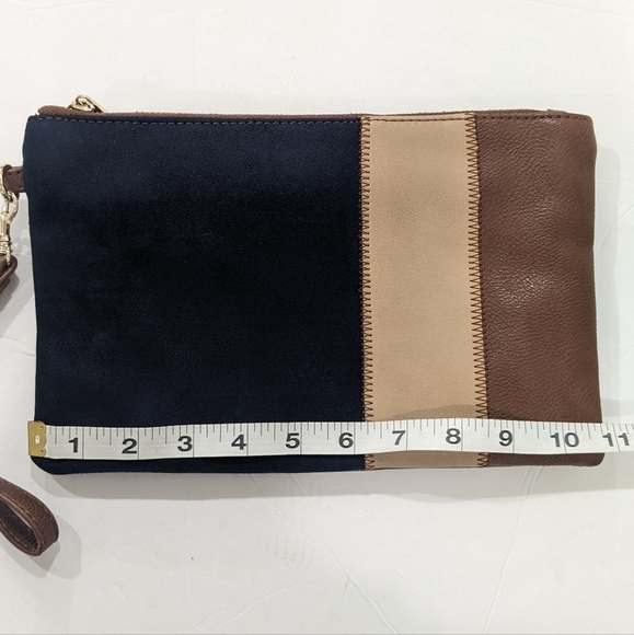 Chico's Women Navy Blue Brown Suede Leather Wristlet Wrist Bag Zipper OS - Picture 3 of 9